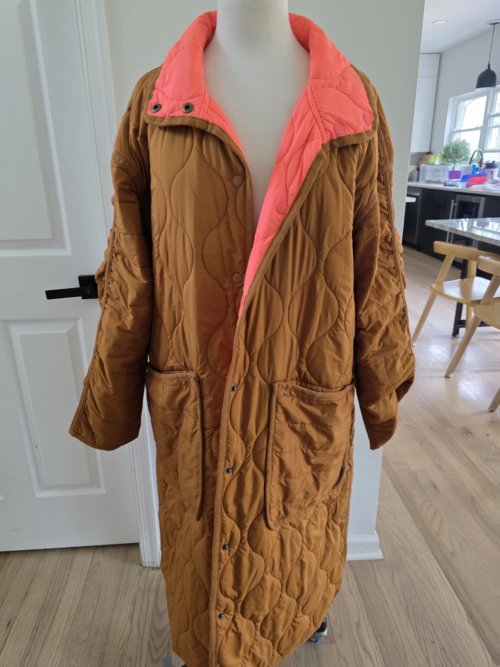 Lou & Grey Quilted Puffer Coat in Rust with Coral Lining